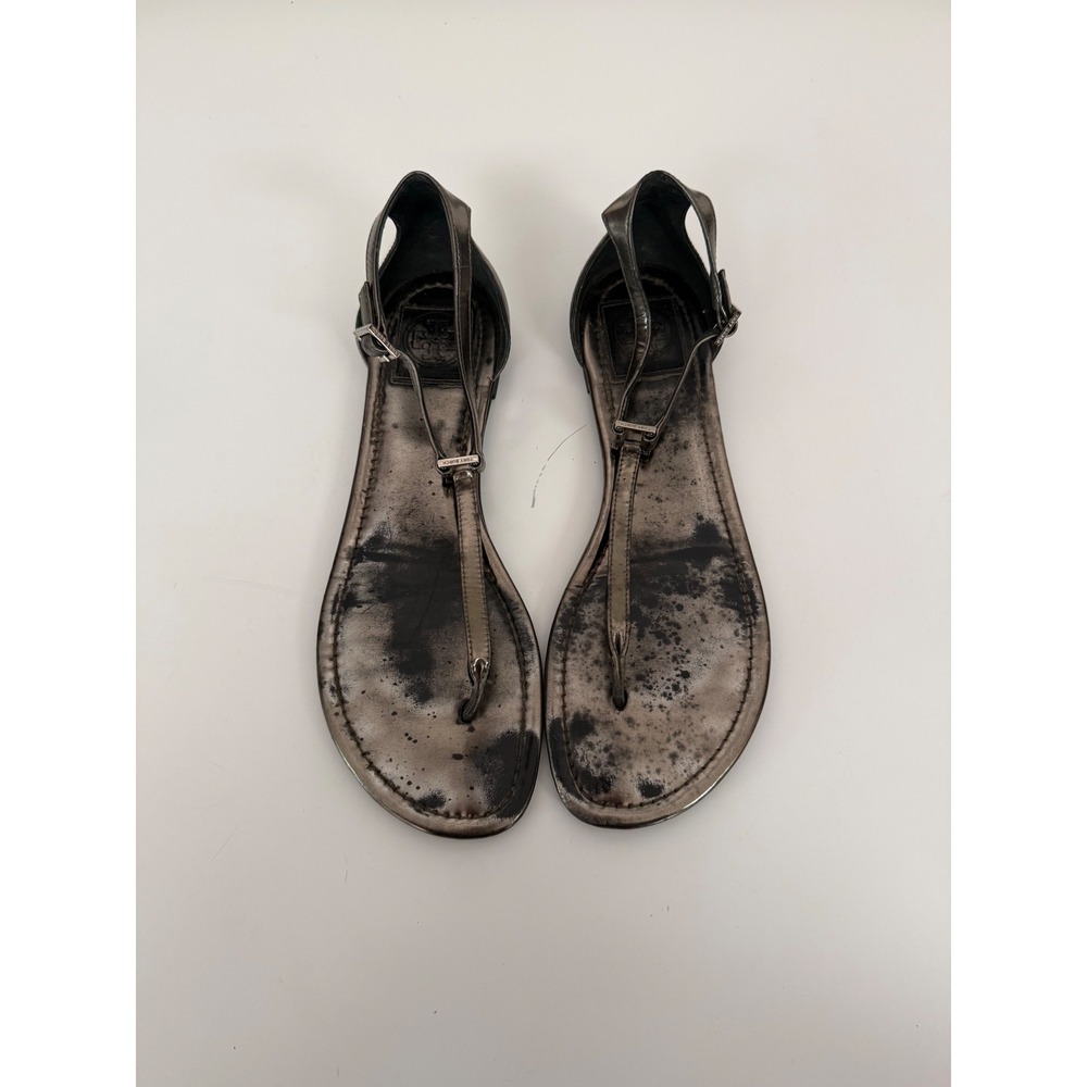 Tory Burch Metallic Pewter Leather T-Strap Thong Sandals Women 9.5 M Dirty